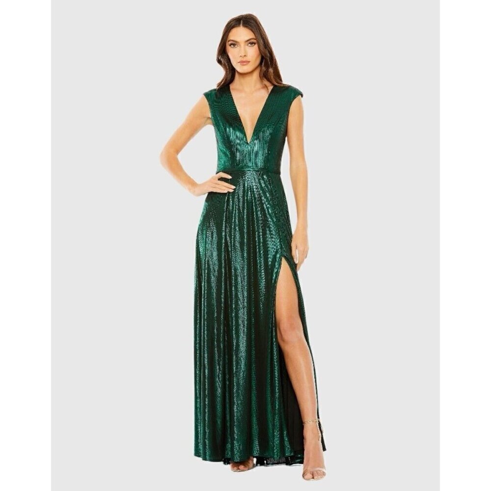 Mac Duggal Size 2 Green 27156 Cap Sleeve Deep V Neck High Slit Metallic Gown New